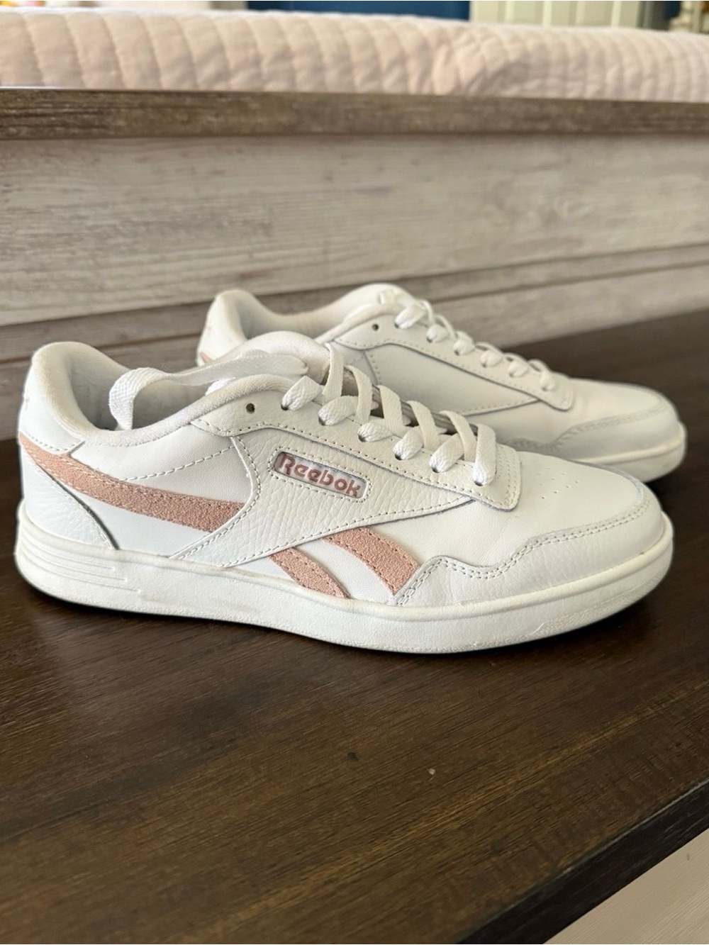 Reebok Court  White Sneakers with Blush Pink Stripes